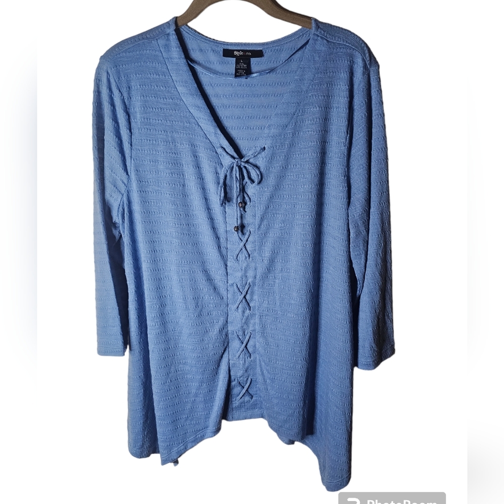 Style&Co women's blue 3/4 sleeves high-low hemm v-neck top size L